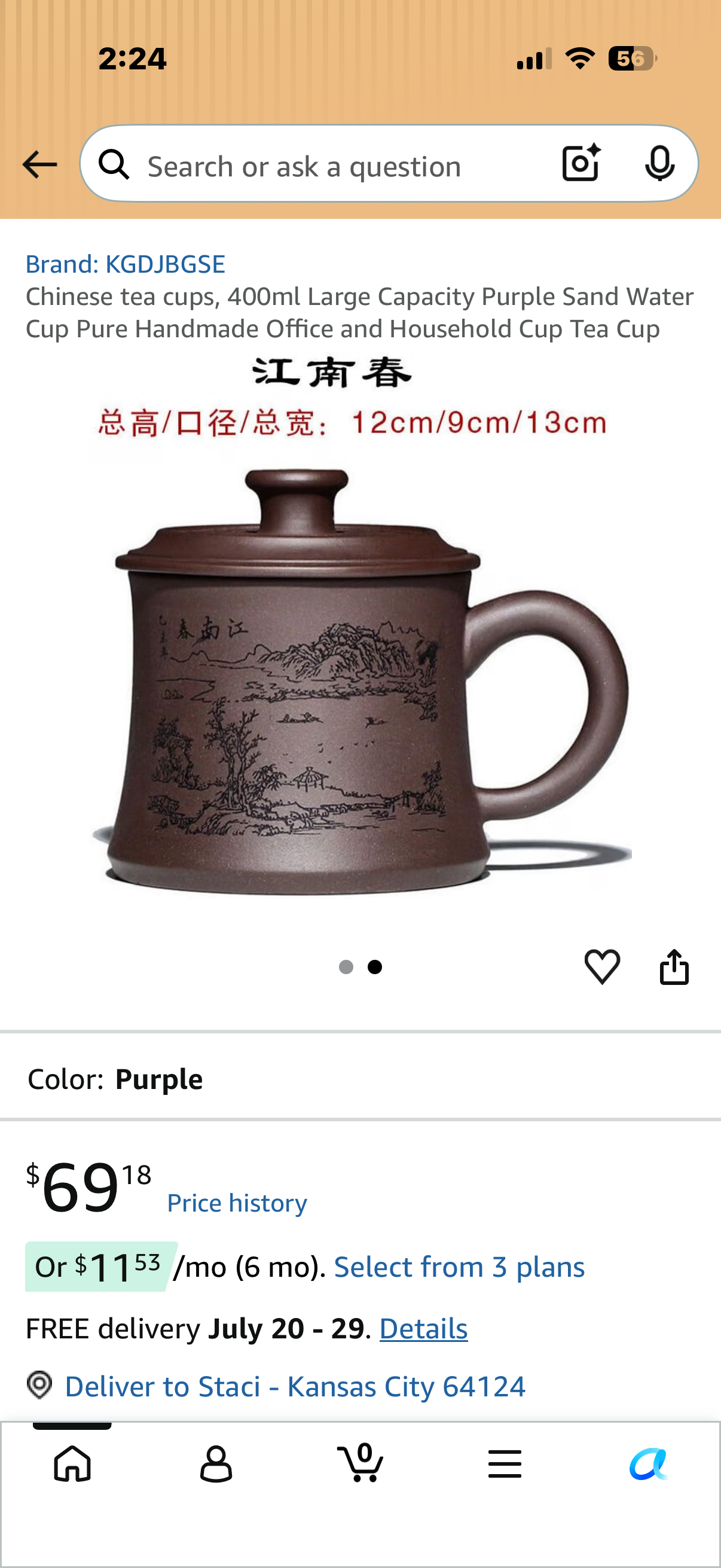Chinese tea cups, 400ml Large Capacity Purple Sand Water Cup Pure Handmade Office and Household Cup Tea Cup