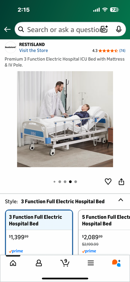 Premium 3 Function Electric Hospital Bed with Mattress & IV Pole. (B1138)