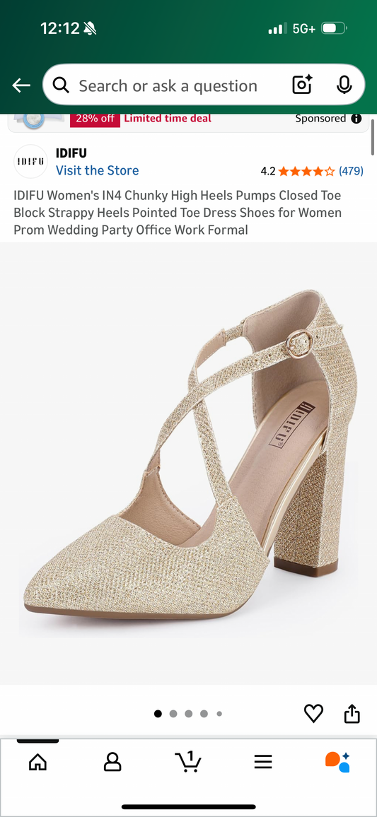 Chunky High Heels Pumps Closed Toe Block Strapy Gold Sparkly Heel (Size US 8.5 Women’s)