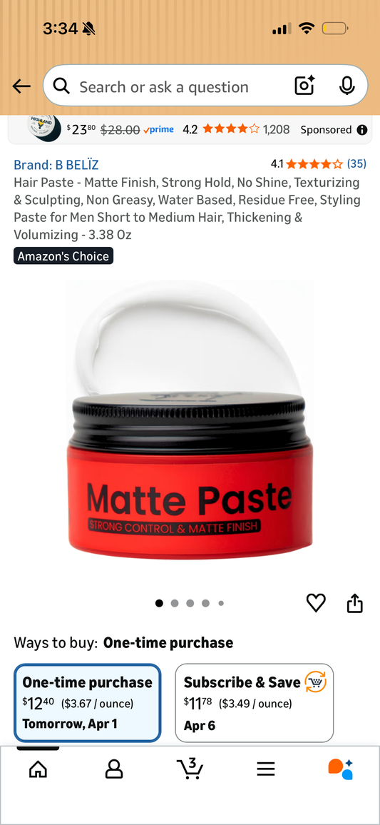 Hair Paste - Matte Finish, Strong Hold, No Shine, Texturizing & Sculpting, Non Greasy, Water Based, Residue Free, Styling Paste for Men Short to Medium Hair, Thickening & Volumizing - 3.38 Oz
