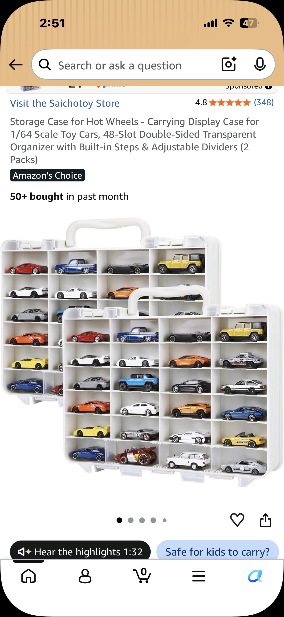 Storage Case for Hot Wheels - Carrying Display Case for 1/64 Scale Toy Cars, 48-Slot Double-Sided Transparent Organizer with Built-in Steps & Adjustable Dividers (2 Packs