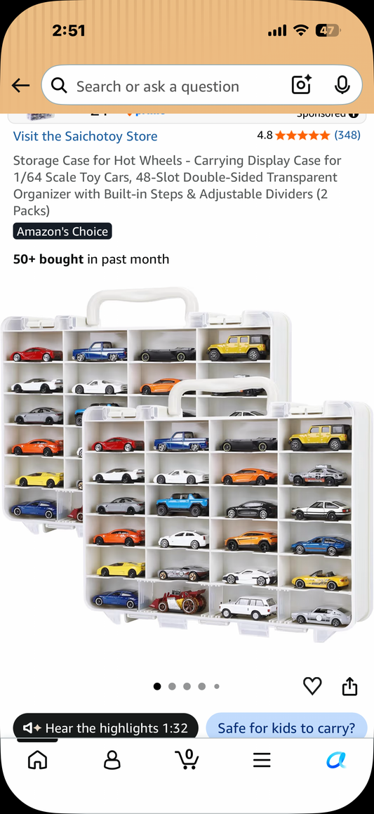 Storage Case for Hot Wheels - Carrying Display Case for 1/64 Scale Toy Cars, 48-Slot Double-Sided Transparent Organizer with Built-in Steps & Adjustable Dividers (2 Packs