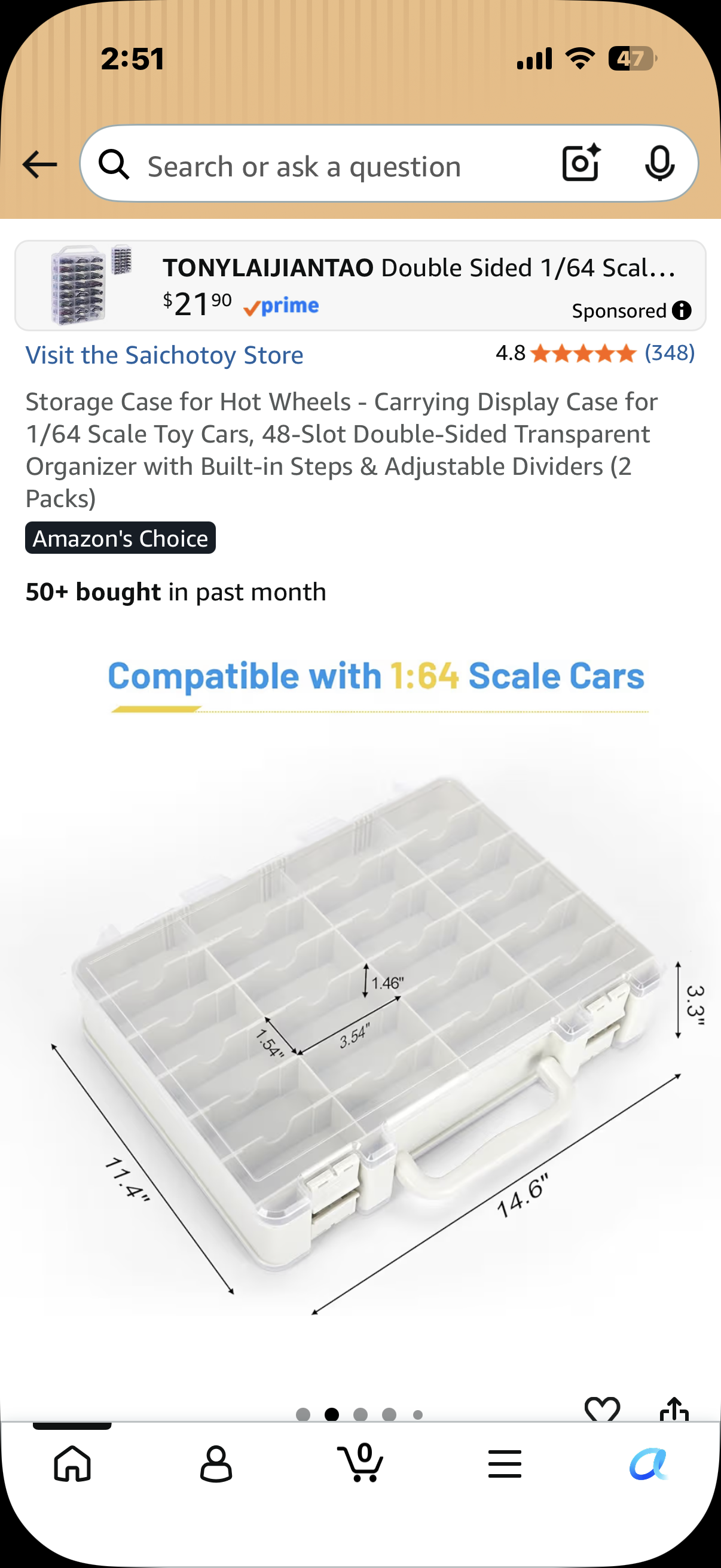 Storage Case for Hot Wheels - Carrying Display Case for 1/64 Scale Toy Cars, 48-Slot Double-Sided Transparent Organizer with Built-in Steps & Adjustable Dividers (2 Packs