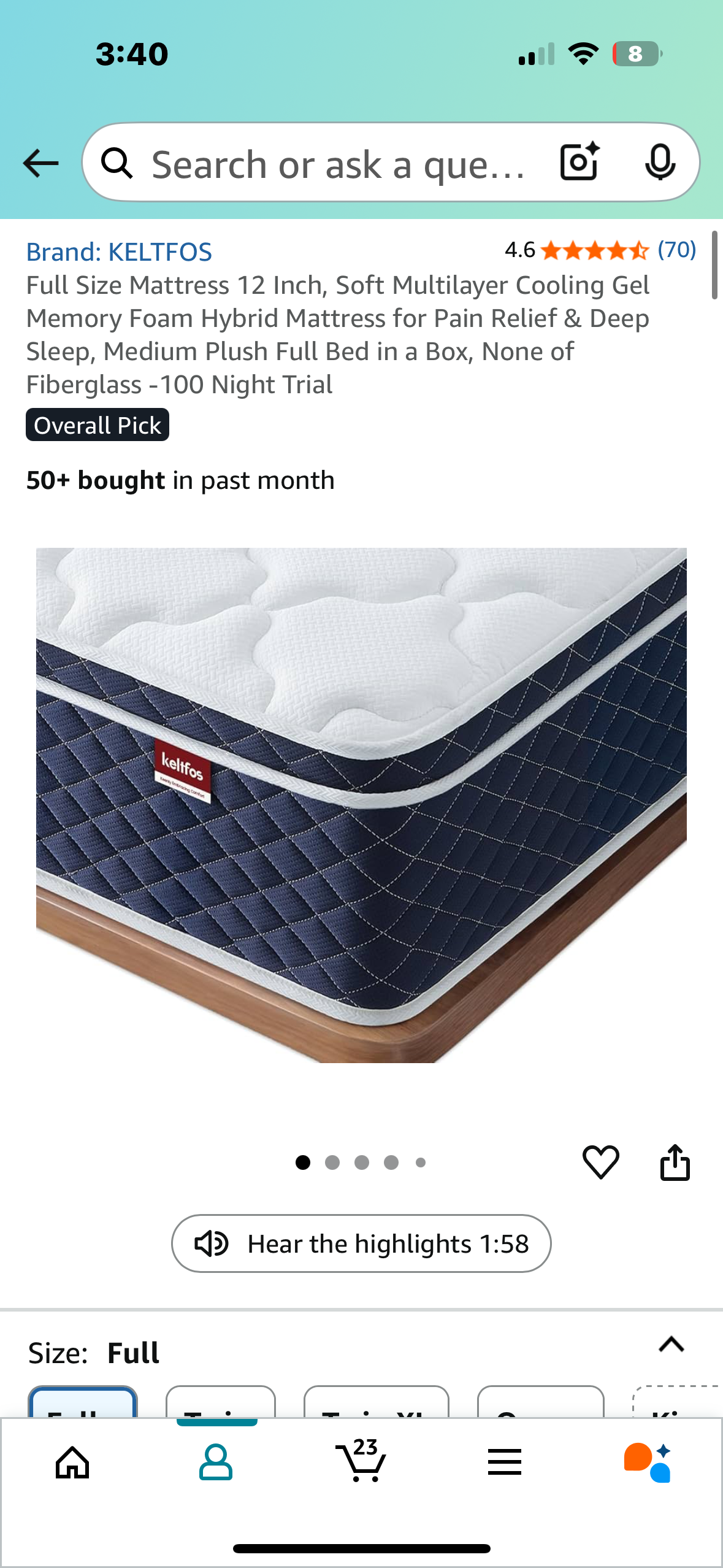 Full Size Mattress, 12” (B1027)
