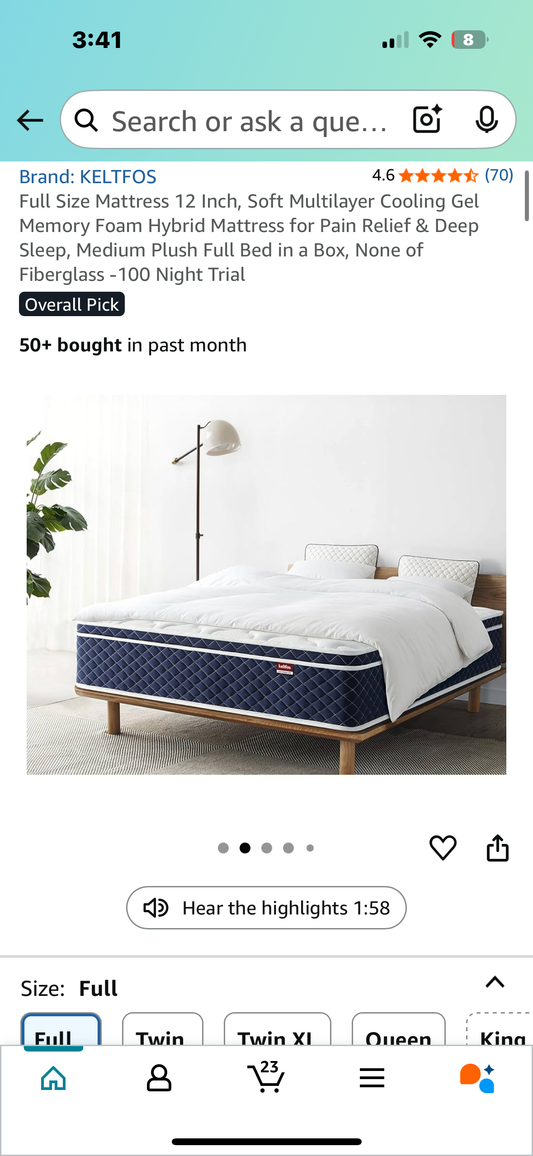 Full Size Mattress, 12” (B1027)