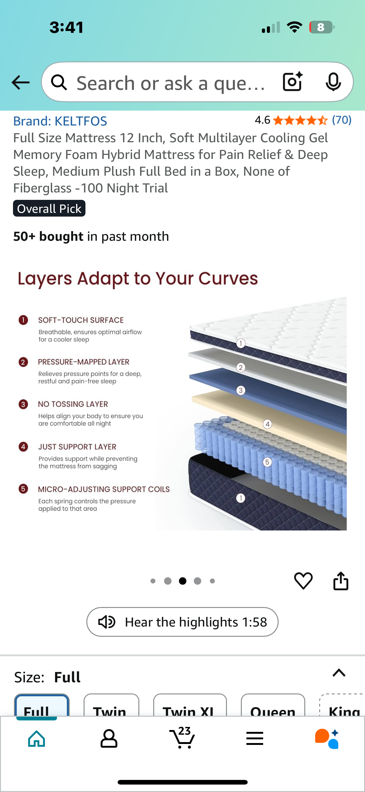 Full Size Mattress, 12” (B1027)