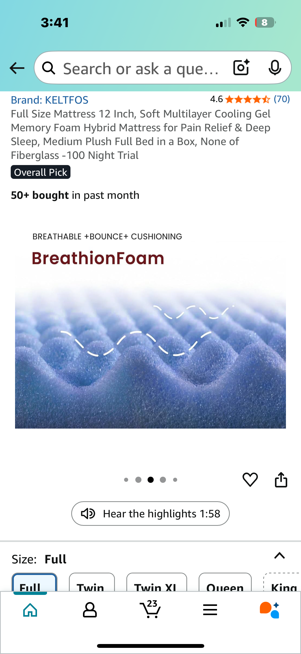Full Size Mattress, 12” (B1027)