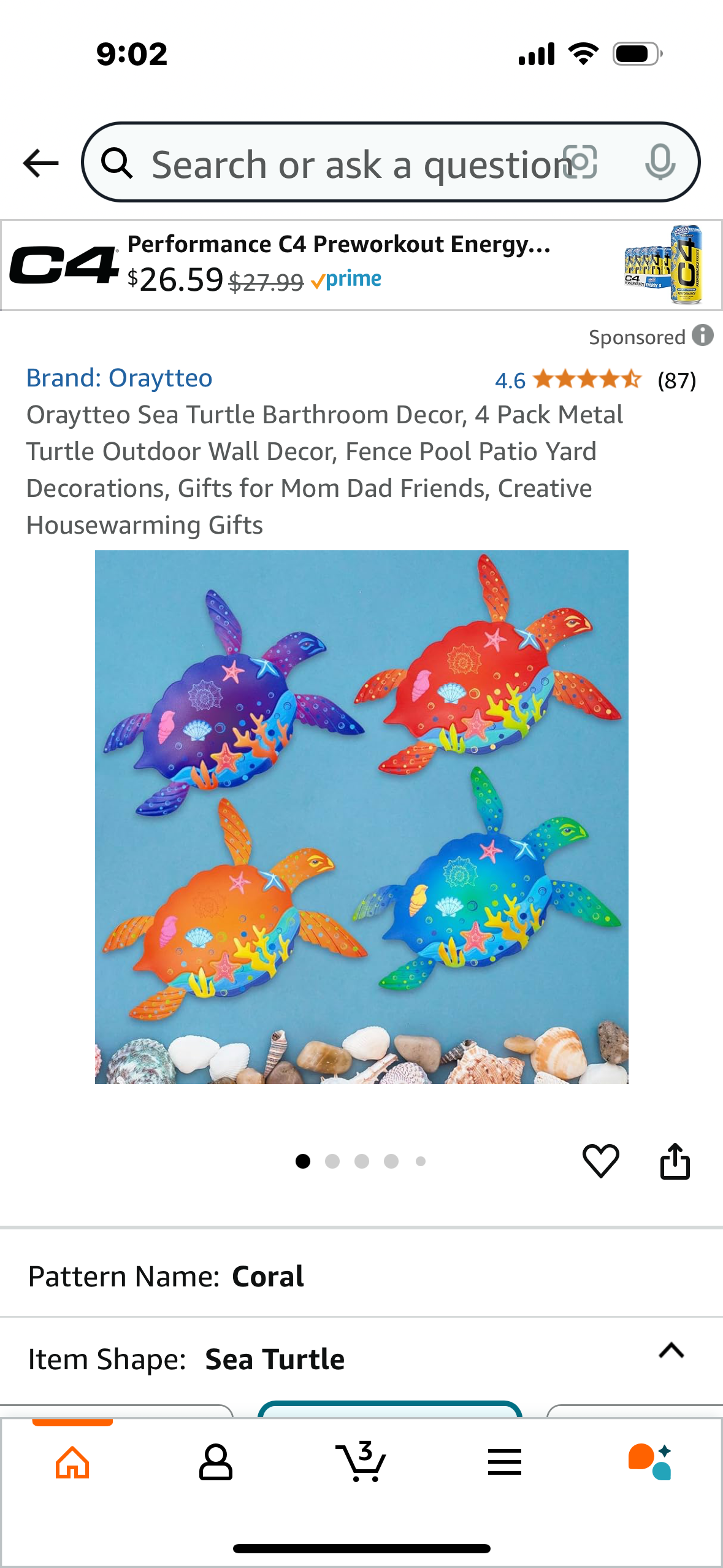 Sea Turtle Barthroom Decor, 4 Pack Metal Turtle Outdoor Wall Decor, Fence Pool Patio Yard Decorations, Gifts for Mom Dad Friends, Creative Housewarming Gifts