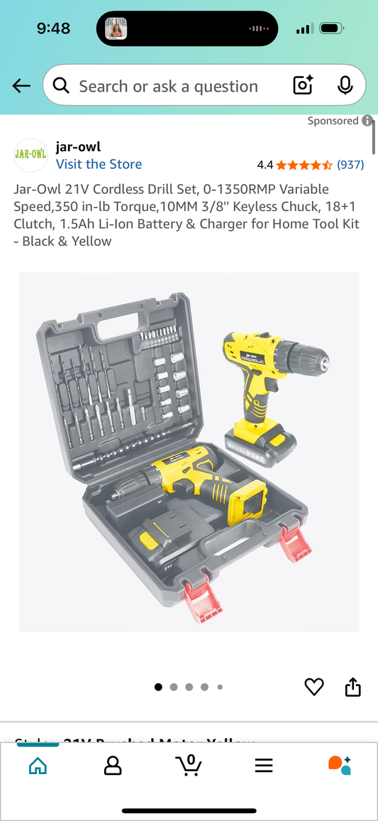 Jar-Owl 21V Cordless Drill Set, 0-1350RMP Variable Speed,350 in-lb Torque,10MM 3/8'' Keyless Chuck, 18+1 Clutch, 1.5Ah Li-Ion Battery & Charger for Home Tool Kit - Black & Yellow