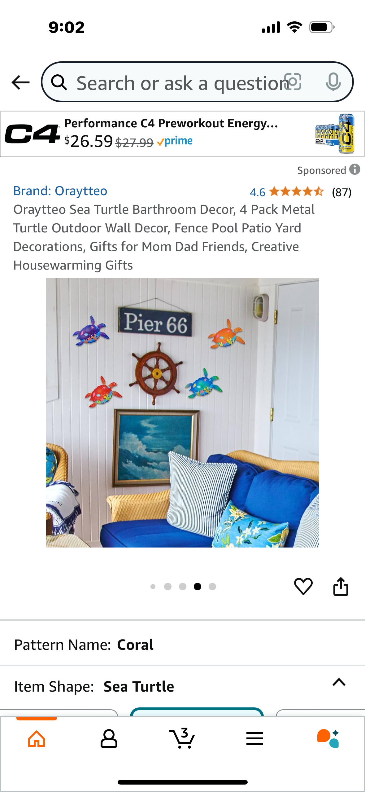 Sea Turtle Barthroom Decor, 4 Pack Metal Turtle Outdoor Wall Decor, Fence Pool Patio Yard Decorations, Gifts for Mom Dad Friends, Creative Housewarming Gifts