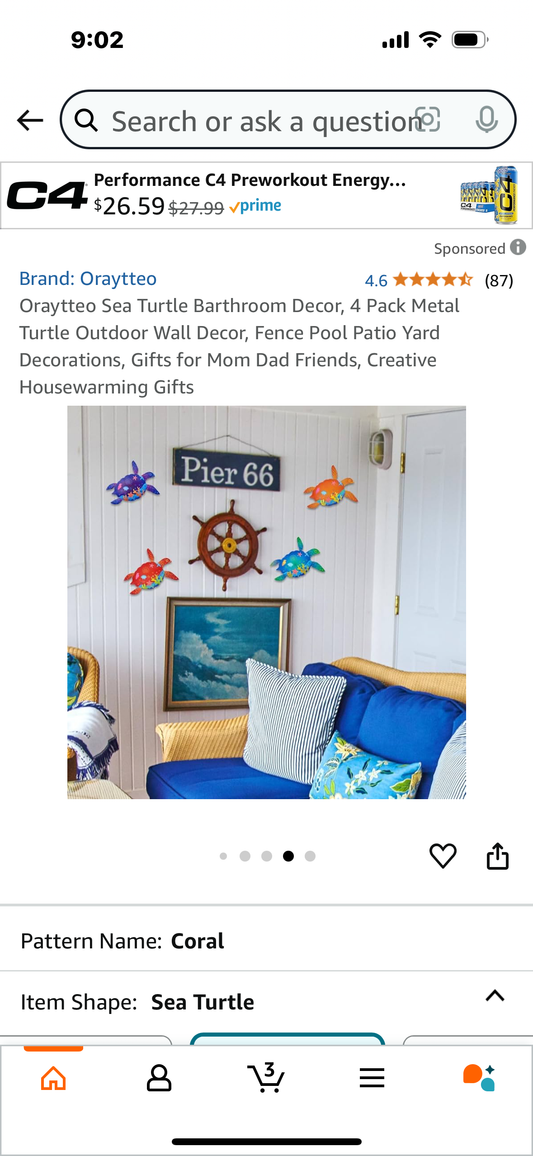 Sea Turtle Barthroom Decor, 4 Pack Metal Turtle Outdoor Wall Decor, Fence Pool Patio Yard Decorations, Gifts for Mom Dad Friends, Creative Housewarming Gifts