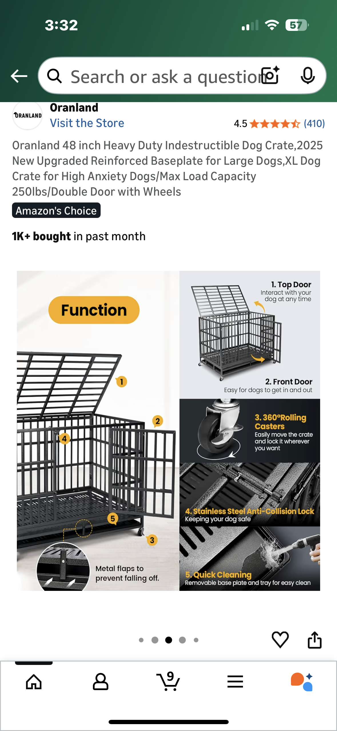 Oranland 48 inch Heavy Duty Indestructible Dog Crate,Reinforced for Large Dogs, XL Dog Crate for High Anxiety Dogs/Max Load Capacity 250lbs/Double Door with Wheels (R729)
