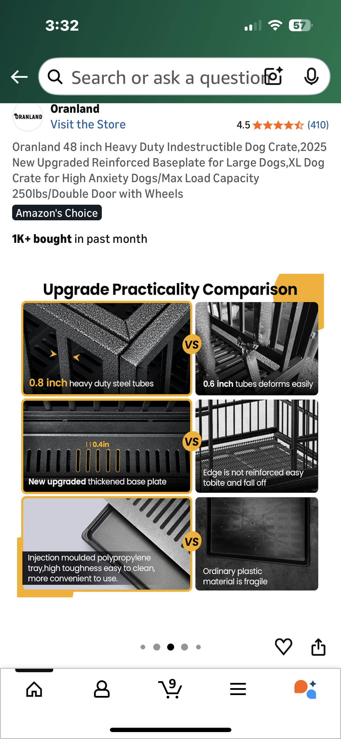 Oranland 48 inch Heavy Duty Indestructible Dog Crate,Reinforced for Large Dogs, XL Dog Crate for High Anxiety Dogs/Max Load Capacity 250lbs/Double Door with Wheels (R729)