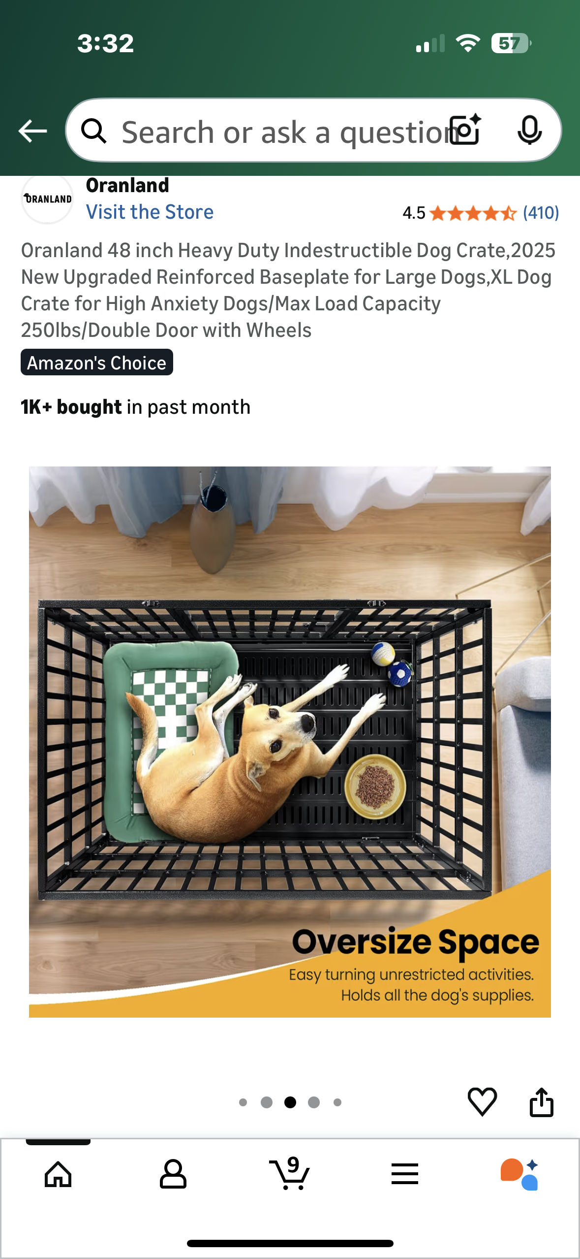 Oranland 48 inch Heavy Duty Indestructible Dog Crate,Reinforced for Large Dogs, XL Dog Crate for High Anxiety Dogs/Max Load Capacity 250lbs/Double Door with Wheels (R729)