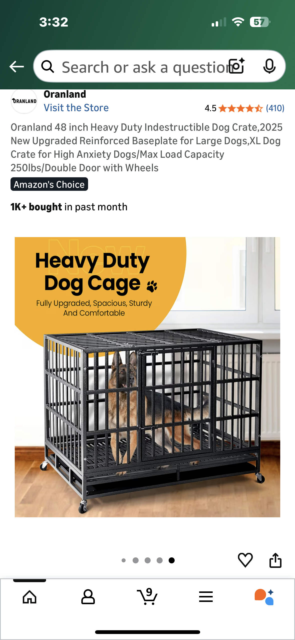 Oranland 48 inch Heavy Duty Indestructible Dog Crate,Reinforced for Large Dogs, XL Dog Crate for High Anxiety Dogs/Max Load Capacity 250lbs/Double Door with Wheels (R729)