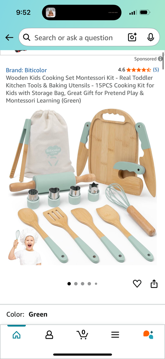 Wooden Kids Cooking Set Montessori Kit - Real Toddler Kitchen Tools & Baking Utensils - 15PCS Cooking Kit for Kids with Storage Bag, Great Gift for Pretend Play & Montessori Learning (Green)