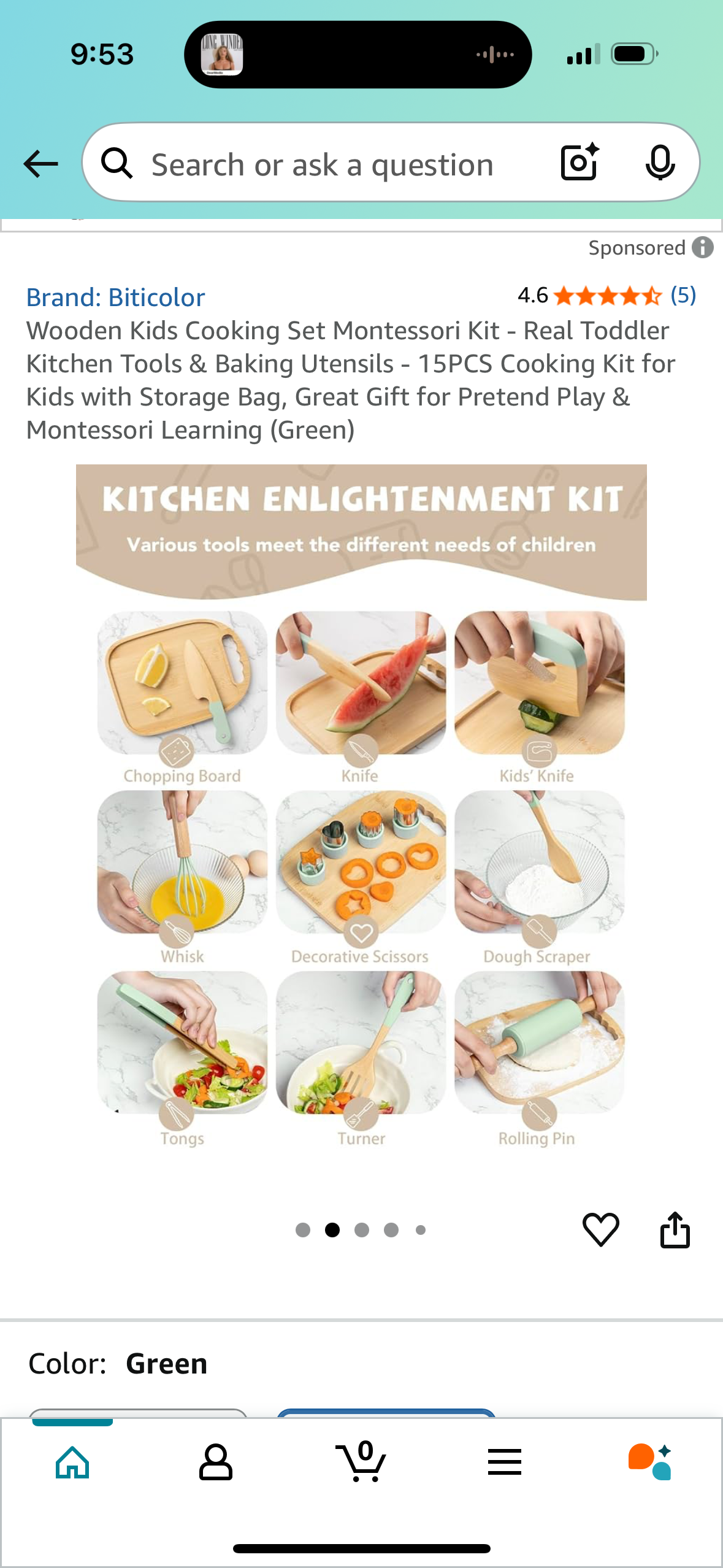 Wooden Kids Cooking Set Montessori Kit - Real Toddler Kitchen Tools & Baking Utensils - 15PCS Cooking Kit for Kids with Storage Bag, Great Gift for Pretend Play & Montessori Learning (Green)