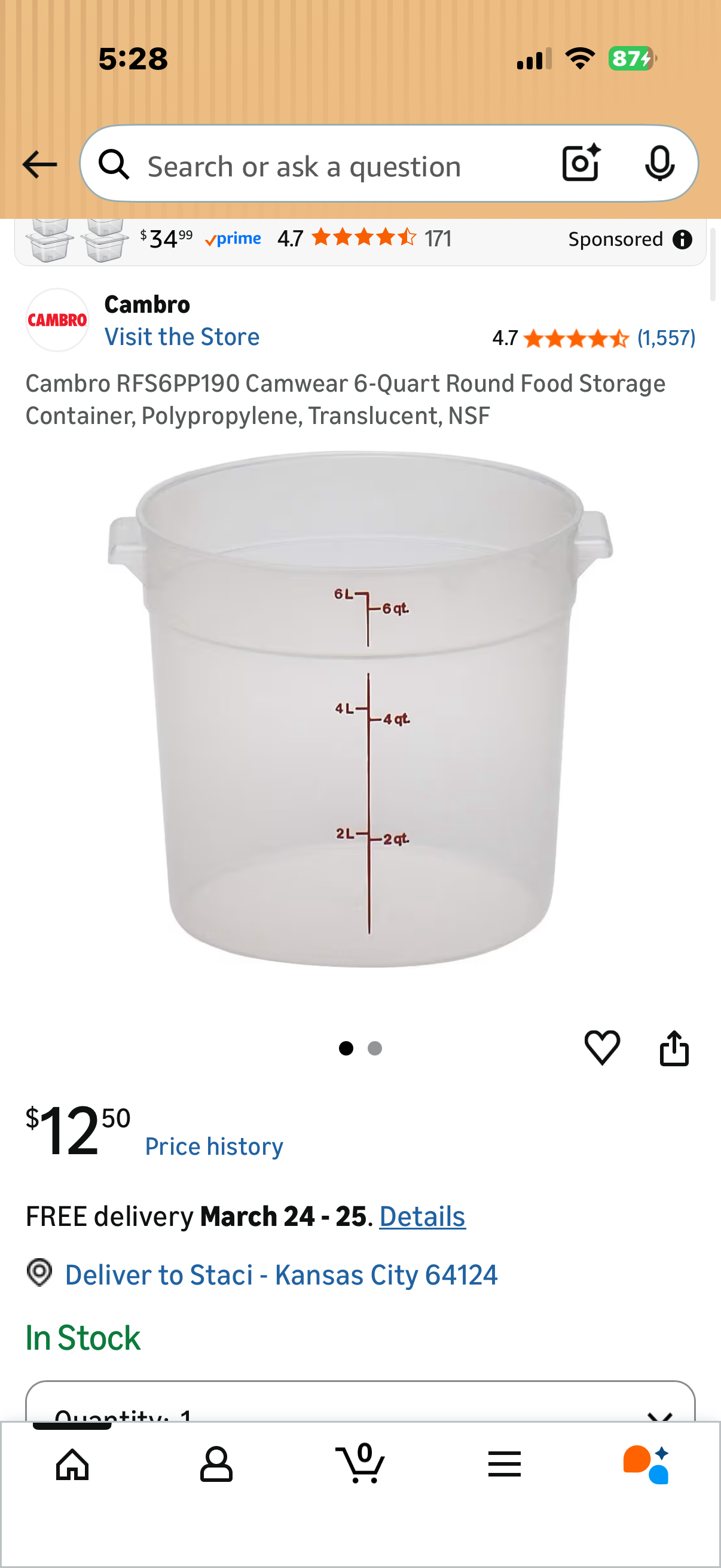 Cambro RFS6PP190 Camwear 6-Quart Round Food Storage Container, Polypropylene, Translucent, NSF