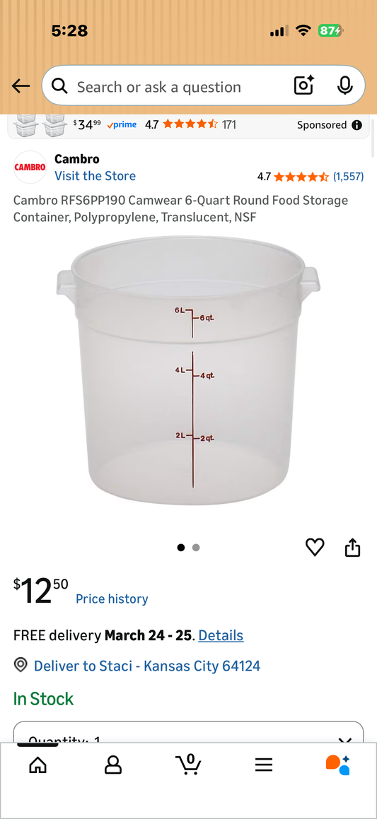Cambro RFS6PP190 Camwear 6-Quart Round Food Storage Container, Polypropylene, Translucent, NSF