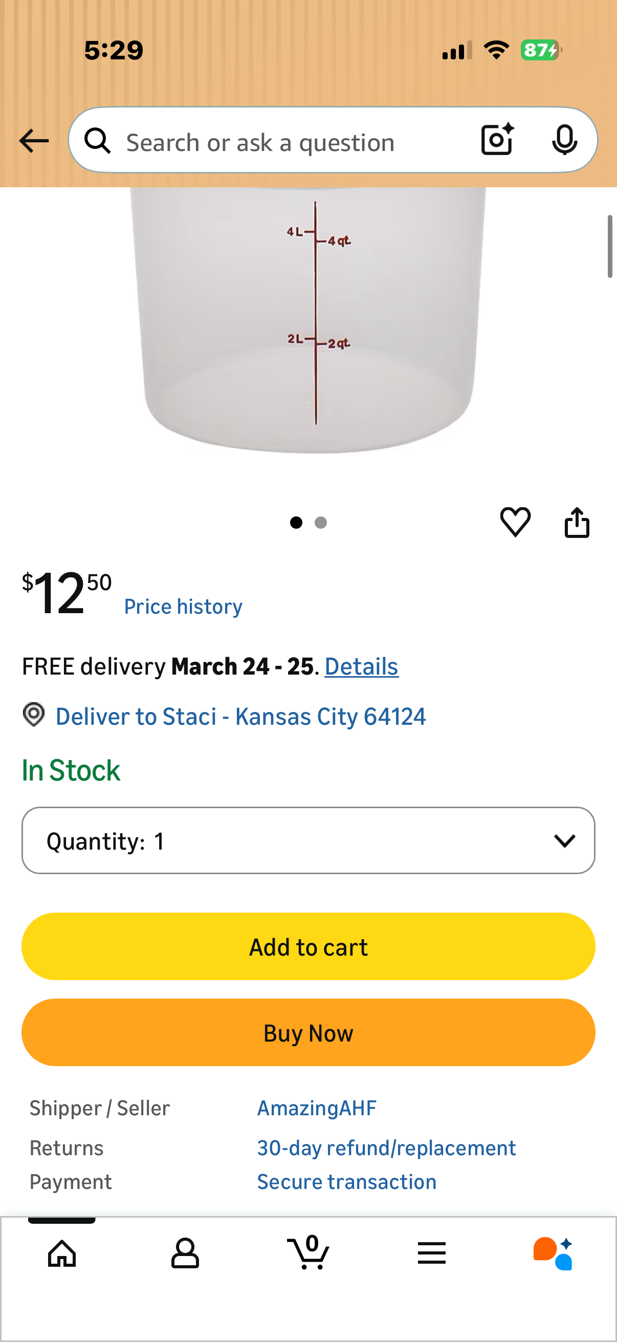 Cambro RFS6PP190 Camwear 6-Quart Round Food Storage Container, Polypropylene, Translucent, NSF