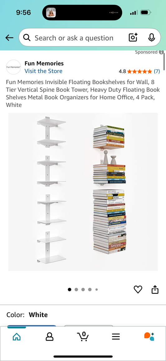 Fun Memories Invisible Floating Bookshelves for Wall, 8 Tier Vertical Spine Book Tower, Heavy Duty Floating Book Shelves Metal Book Organizers for Home Office, 4 Pack, White