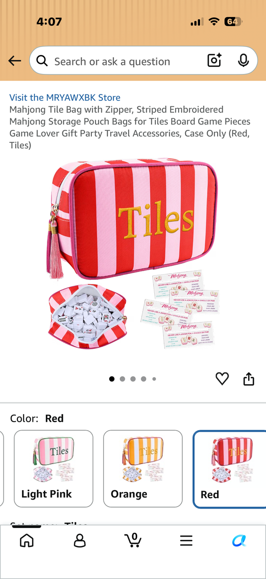 Mahjong Tile Bag with Zipper, Striped Embroidered Mahjong Storage Pouch Bags for Tiles Board Game Pieces Game Lover Gift Party Travel Accessories, Case Only (Red, Tiles)