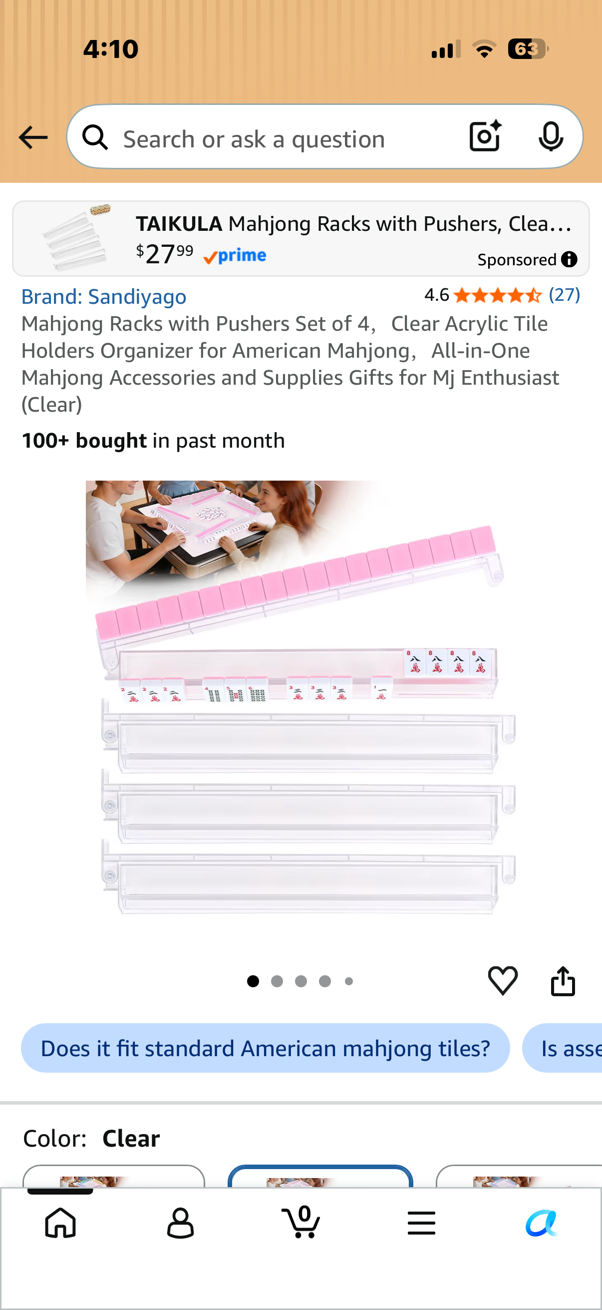 Mahjong Racks with Pushers Set of 4，Clear Acrylic Tile Holders Organizer for American Mahjong，All-in-One Mahjong Accessories and Supplies Gifts for Mj Enthusiast (Clear)