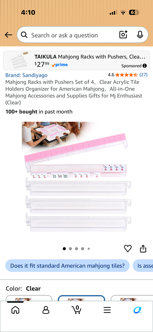 Mahjong Racks with Pushers Set of 4，Clear Acrylic Tile Holders Organizer for American Mahjong，All-in-One Mahjong Accessories and Supplies Gifts for Mj Enthusiast (Clear)