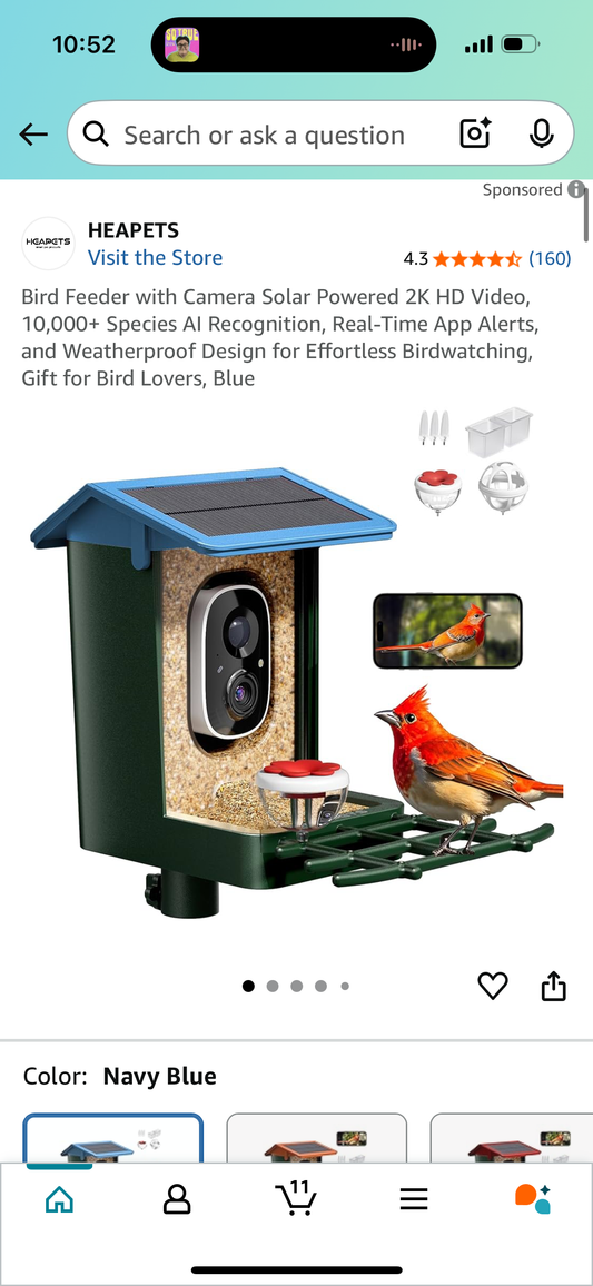 Bird Feeder with Camera Solar Powered 2K HD Video, 10,000+ Species AI Recognition, Real-Time App Alerts, and Weatherproof Design for Effortless Birdwatching, Gift for Bird Lovers, Blue