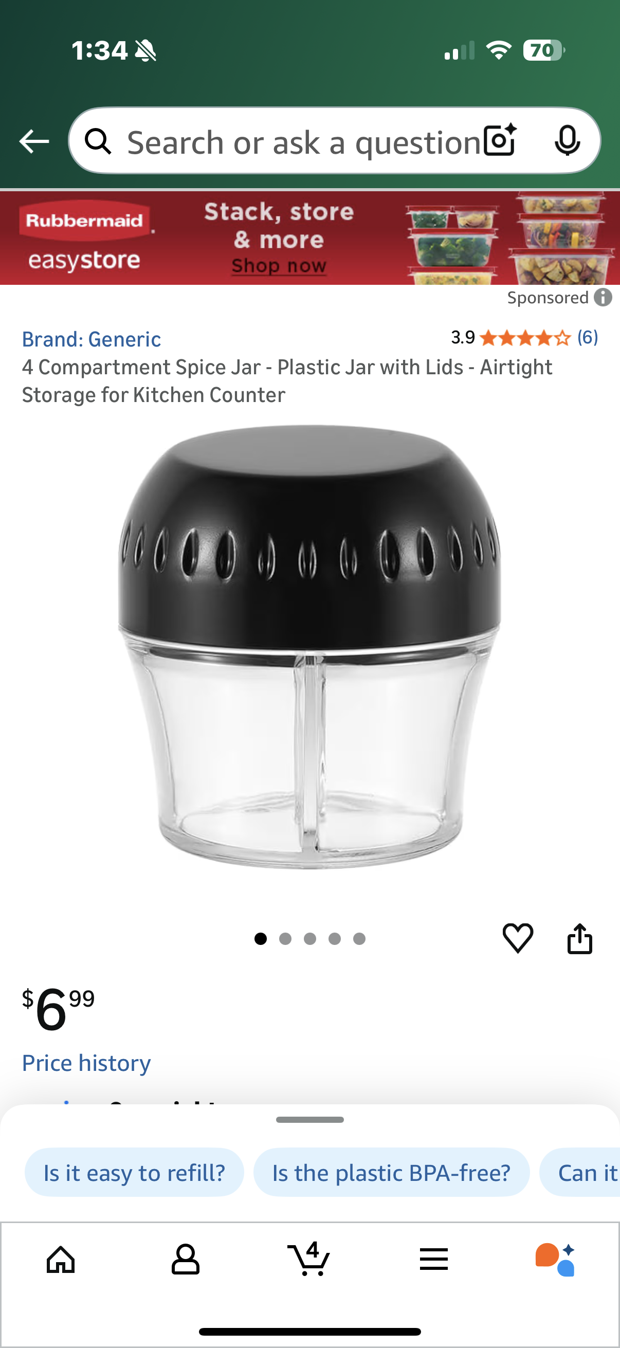 2 packages of 4 Compartment Spice Jar - Plastic Jar with Lids - Airtight Storage for Kitchen Counter