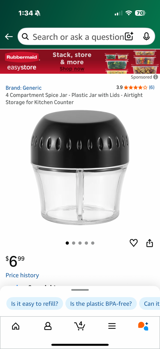 2 packages of 4 Compartment Spice Jar - Plastic Jar with Lids - Airtight Storage for Kitchen Counter