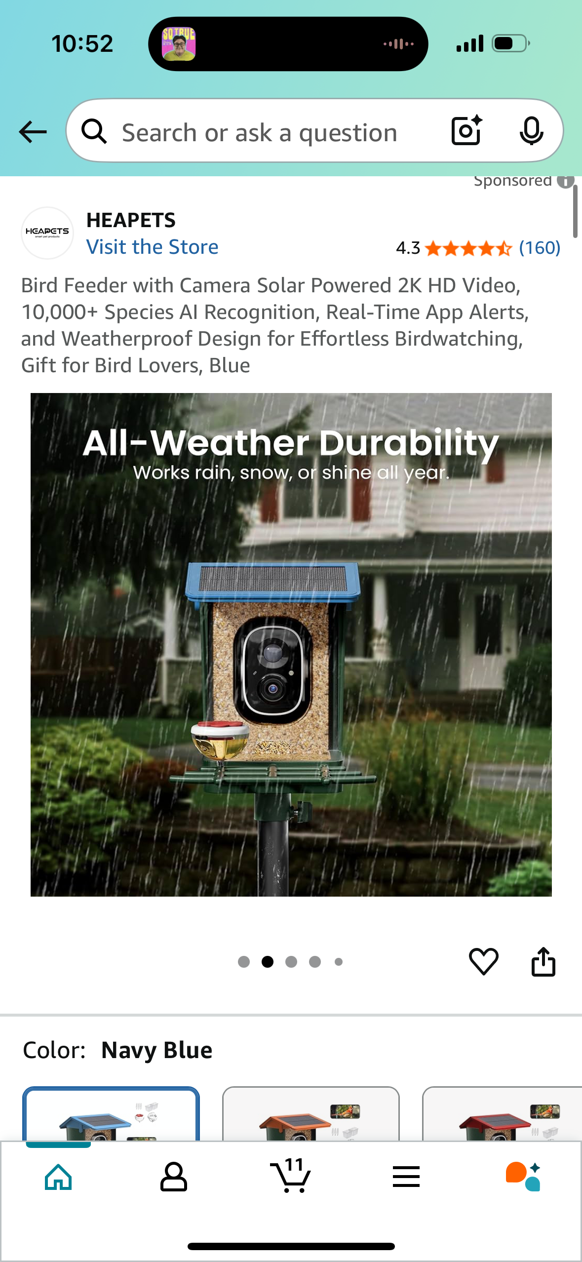 Bird Feeder with Camera Solar Powered 2K HD Video, 10,000+ Species AI Recognition, Real-Time App Alerts, and Weatherproof Design for Effortless Birdwatching, Gift for Bird Lovers, Blue