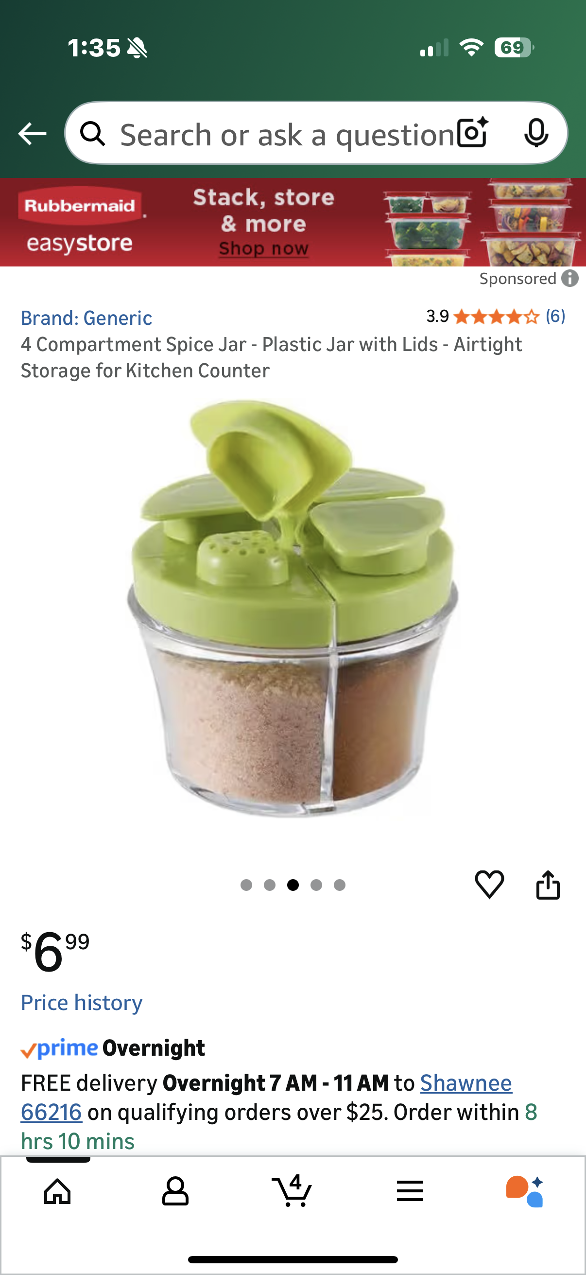 2 packages of 4 Compartment Spice Jar - Plastic Jar with Lids - Airtight Storage for Kitchen Counter