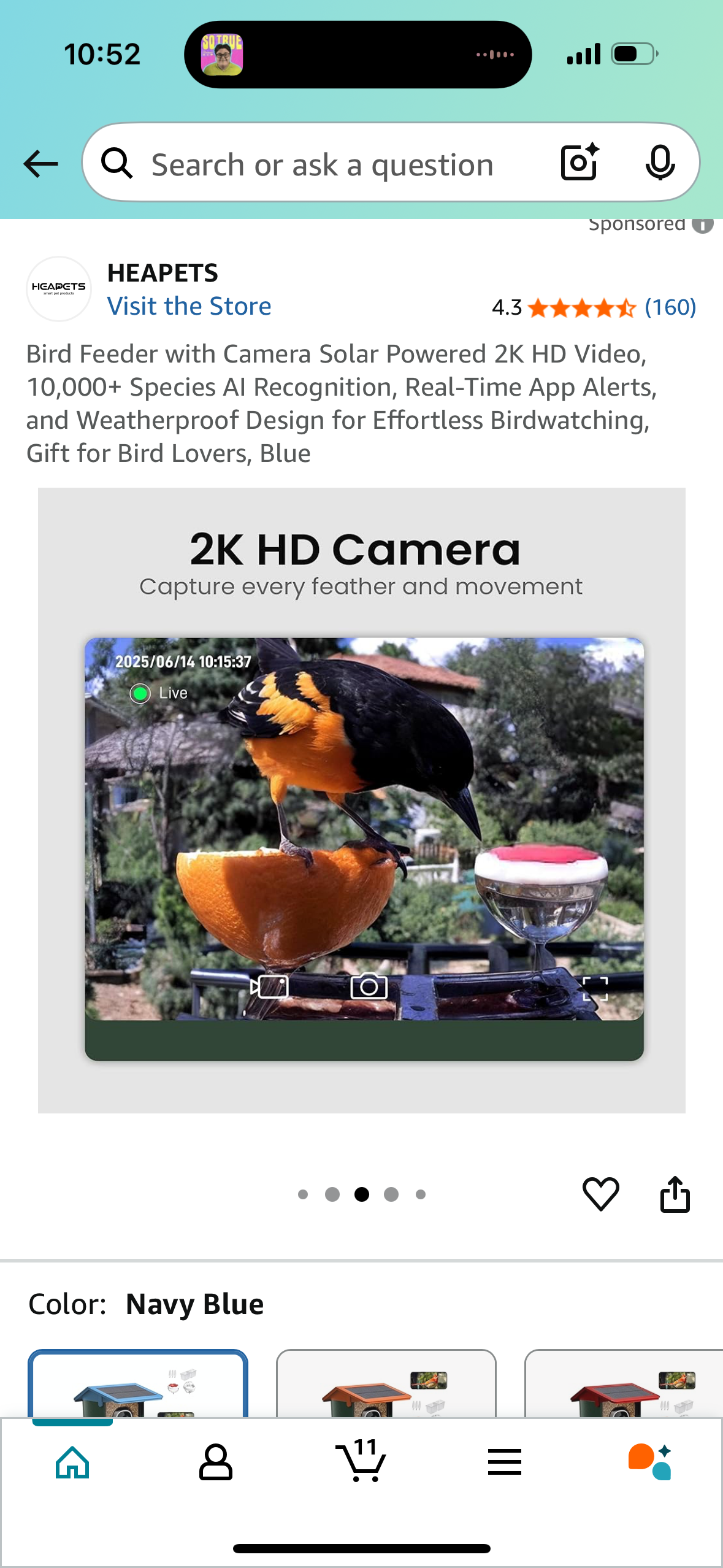 Bird Feeder with Camera Solar Powered 2K HD Video, 10,000+ Species AI Recognition, Real-Time App Alerts, and Weatherproof Design for Effortless Birdwatching, Gift for Bird Lovers, Blue