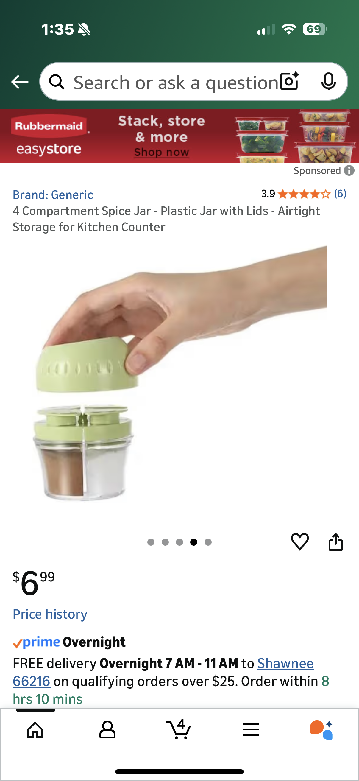 2 packages of 4 Compartment Spice Jar - Plastic Jar with Lids - Airtight Storage for Kitchen Counter