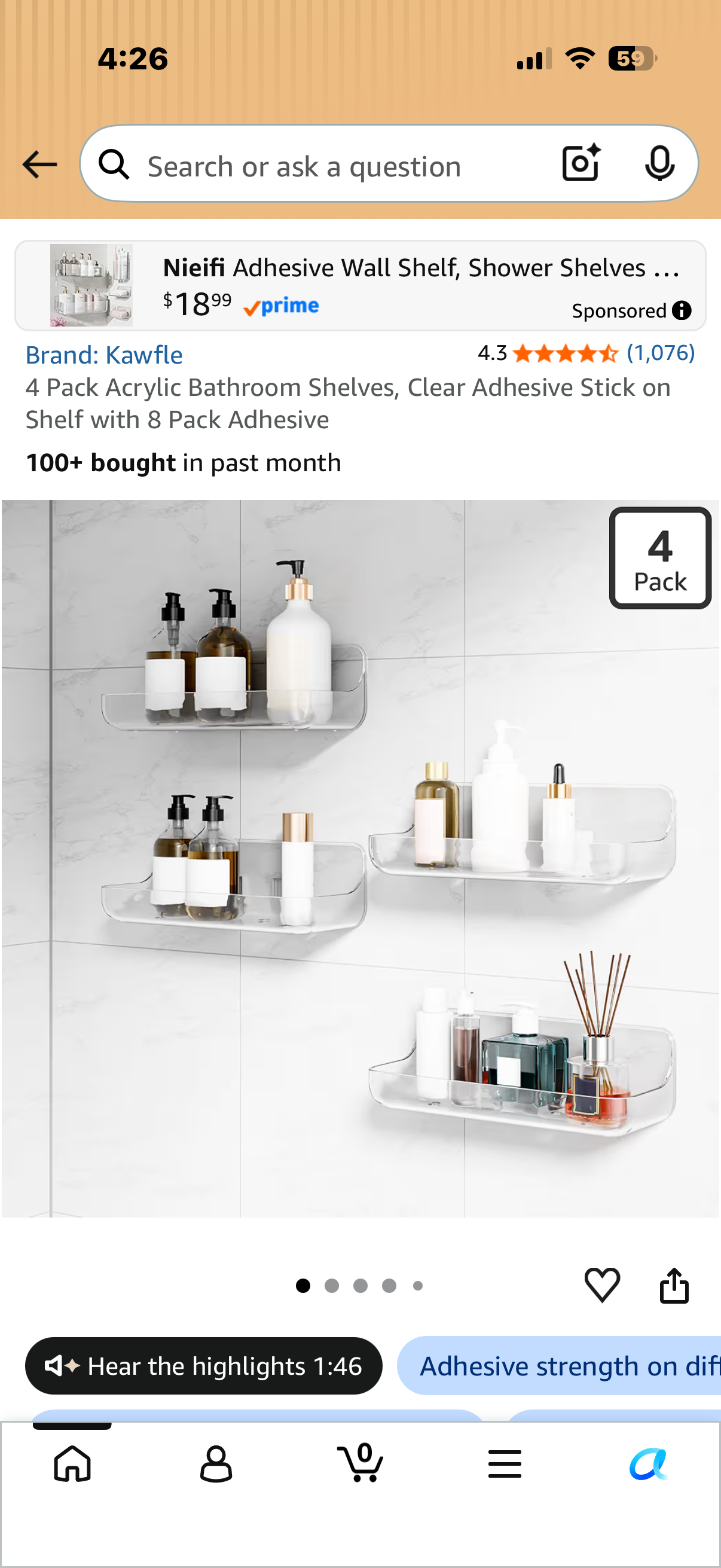 4 Pack Acrylic Bathroom Shelves, Clear Adhesive Stick on Shelf with 8 Pack Adhesive