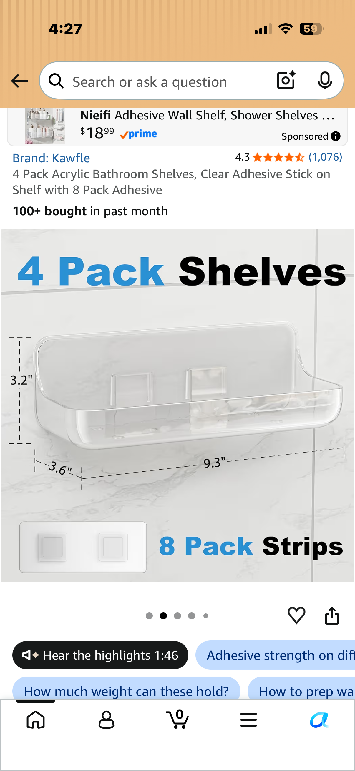 4 Pack Acrylic Bathroom Shelves, Clear Adhesive Stick on Shelf with 8 Pack Adhesive