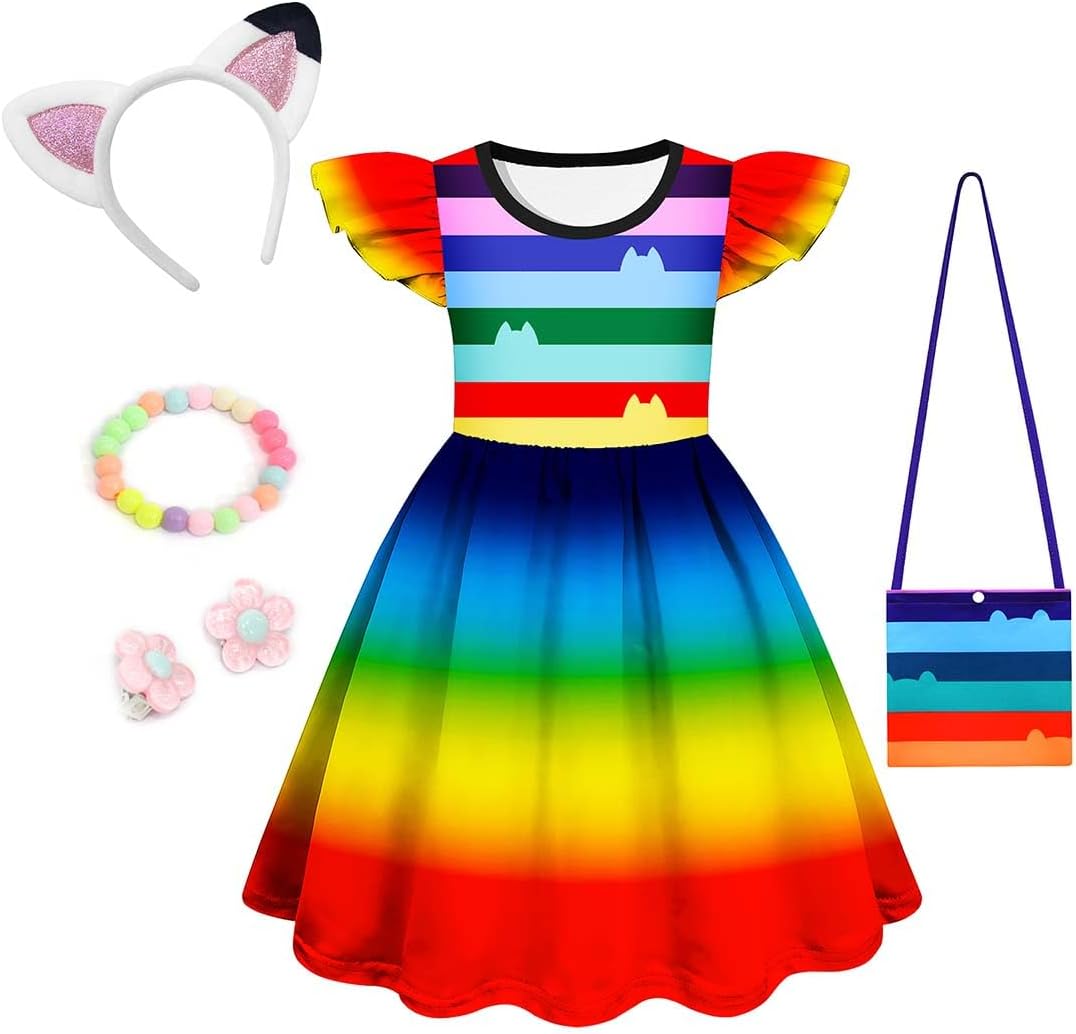 Girls Rainbow Dress Colorful Cat Clothes Birthday Party Outfits (Size 9-10 Years)
