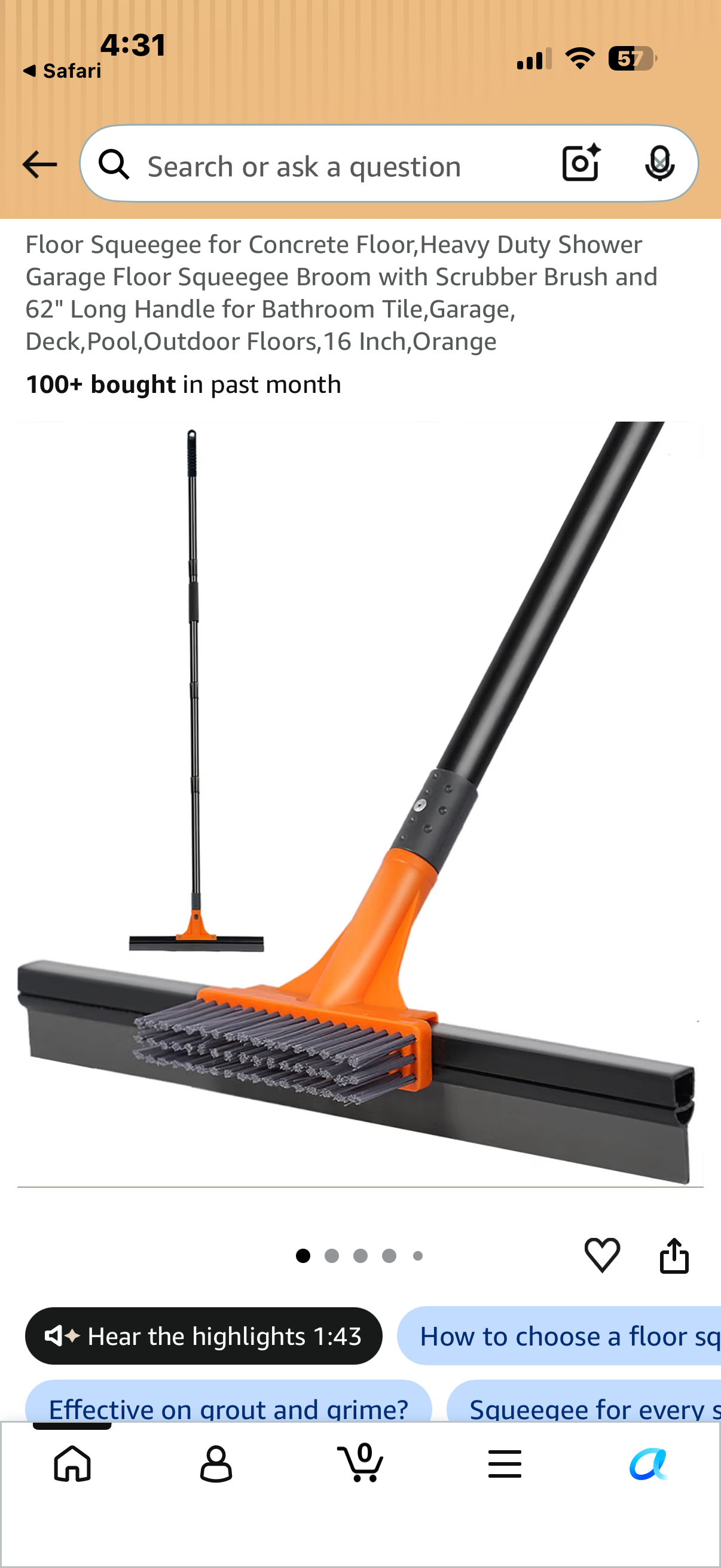 Floor Squeegee for Concrete Floor,Heavy Duty Shower Garage Floor Squeegee Broom with Scrubber Brush and 62" Long Handle for Bathroom Tile,Garage, Deck,Pool,Outdoor Floors,16 Inch,Orange