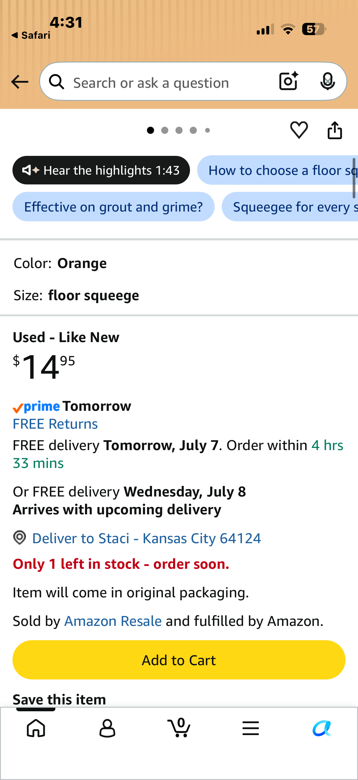 Floor Squeegee for Concrete Floor,Heavy Duty Shower Garage Floor Squeegee Broom with Scrubber Brush and 62" Long Handle for Bathroom Tile,Garage, Deck,Pool,Outdoor Floors,16 Inch,Orange