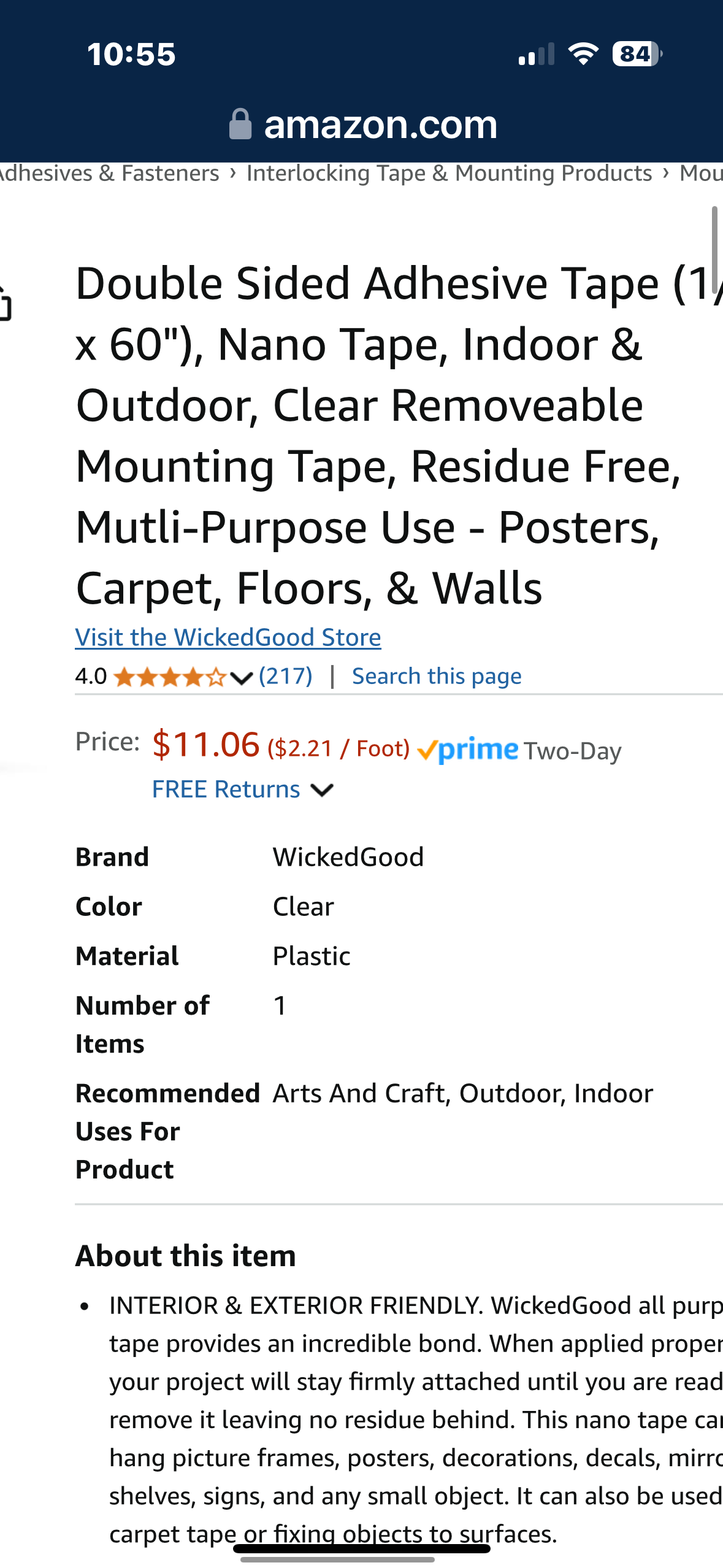 WickedGood Nano Mounting Tape, Double Side Adhesive Tape, Indoor & Outdoor, Reusable Clear Tape, Anti Residue, Multi-Function Use - Appliances, Decorations, Posters, Pictures, Crafting ﻿(3/4" x 60")