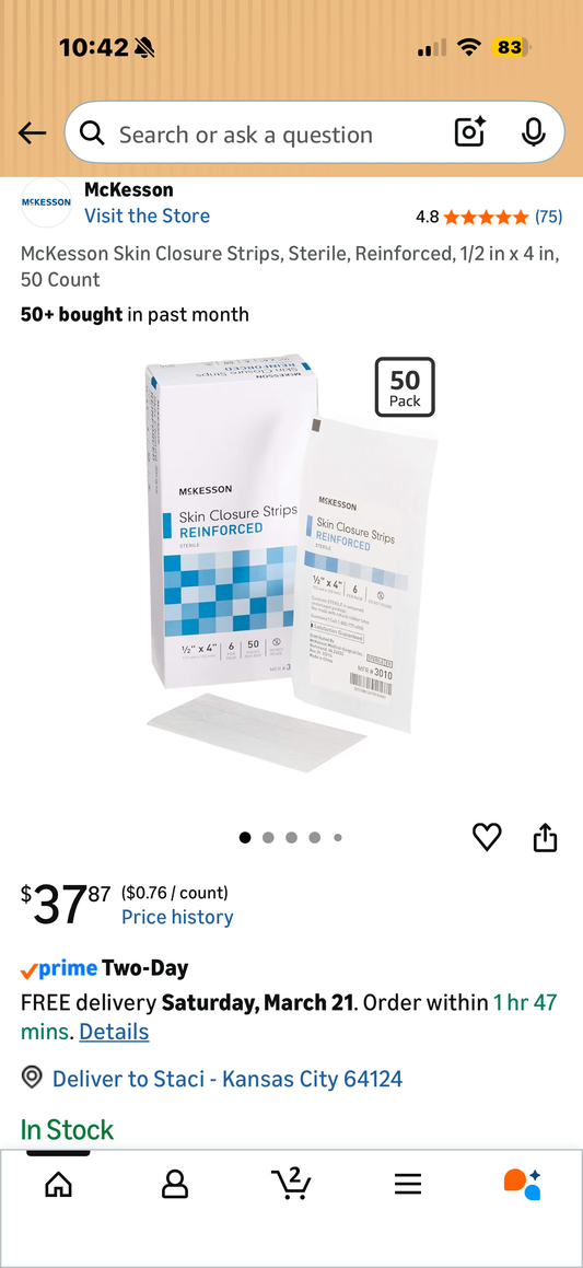 McKesson Skin Closure Strips, Sterile, Reinforced, 1/2 in x 4 in, 50 Count