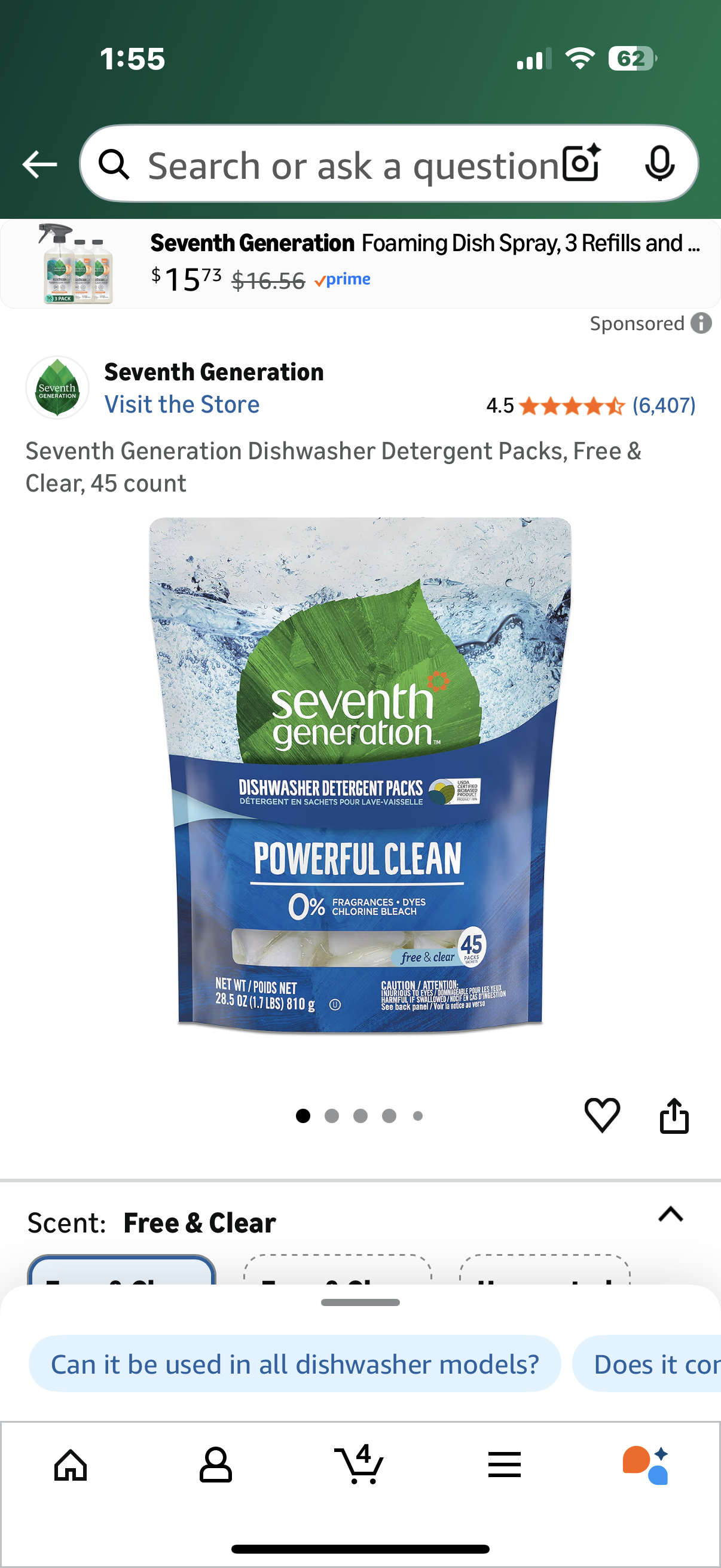 Seventh Generation Dishwasher Detergent Packs, Free & Clear, 45 count