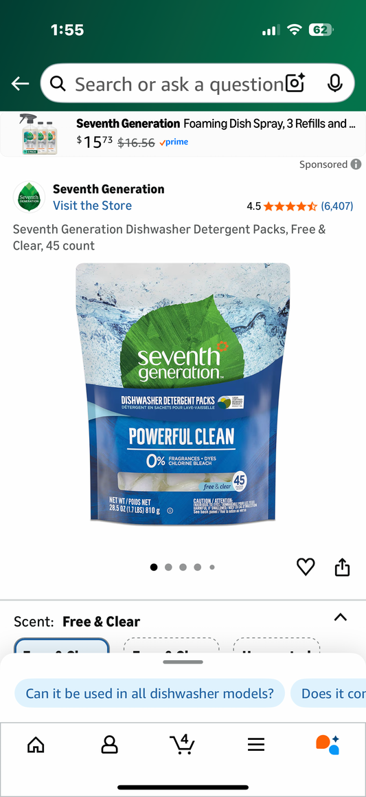Seventh Generation Dishwasher Detergent Packs, Free & Clear, 45 count