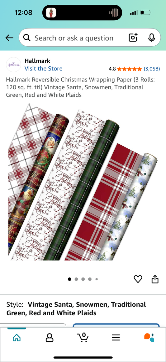 Hallmark Reversible Christmas Wrapping Paper (3 Rolls: 120 sq. ft. ttl) 6 Patterns: Vintage Santa, Snowmen, Traditional Green, Red and White Plaids