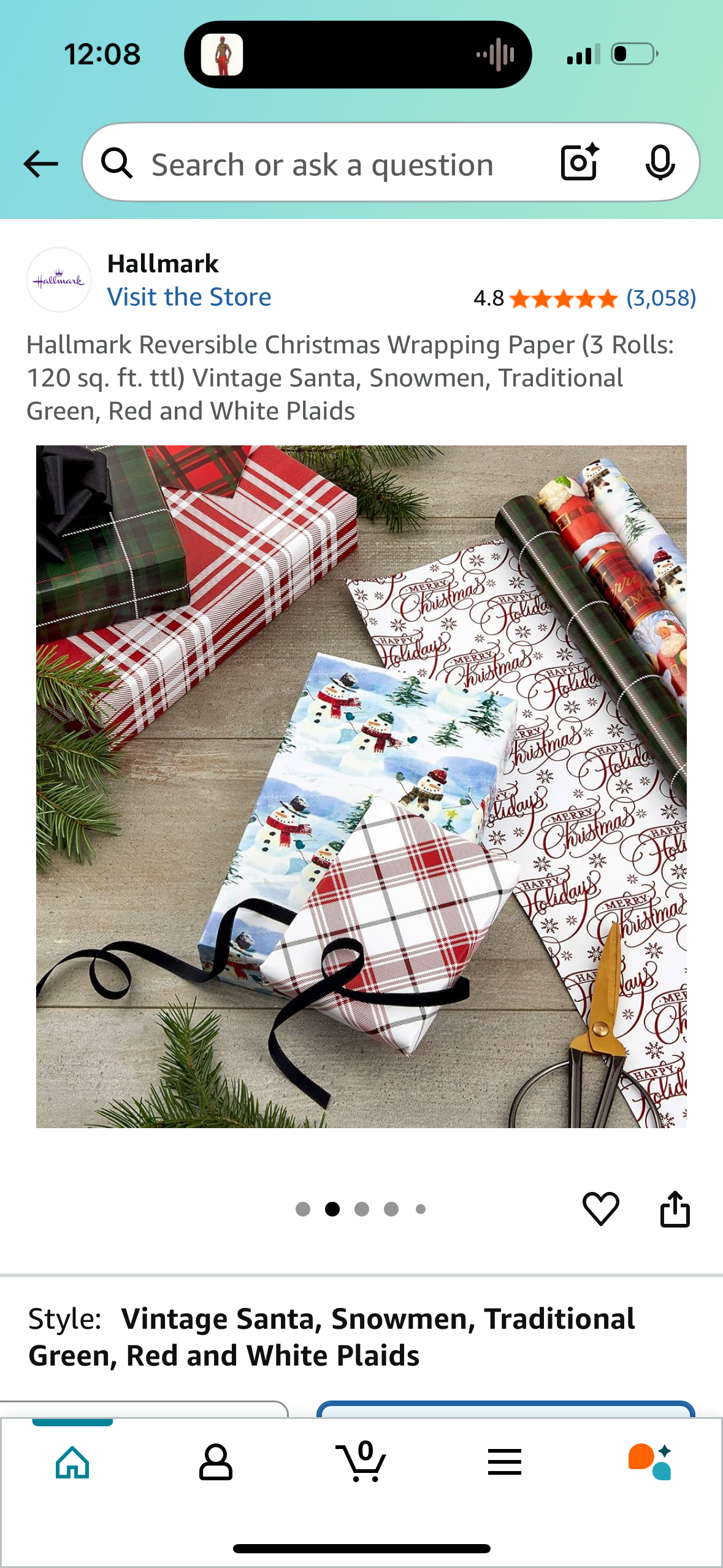 Hallmark Reversible Christmas Wrapping Paper (3 Rolls: 120 sq. ft. ttl) 6 Patterns: Vintage Santa, Snowmen, Traditional Green, Red and White Plaids