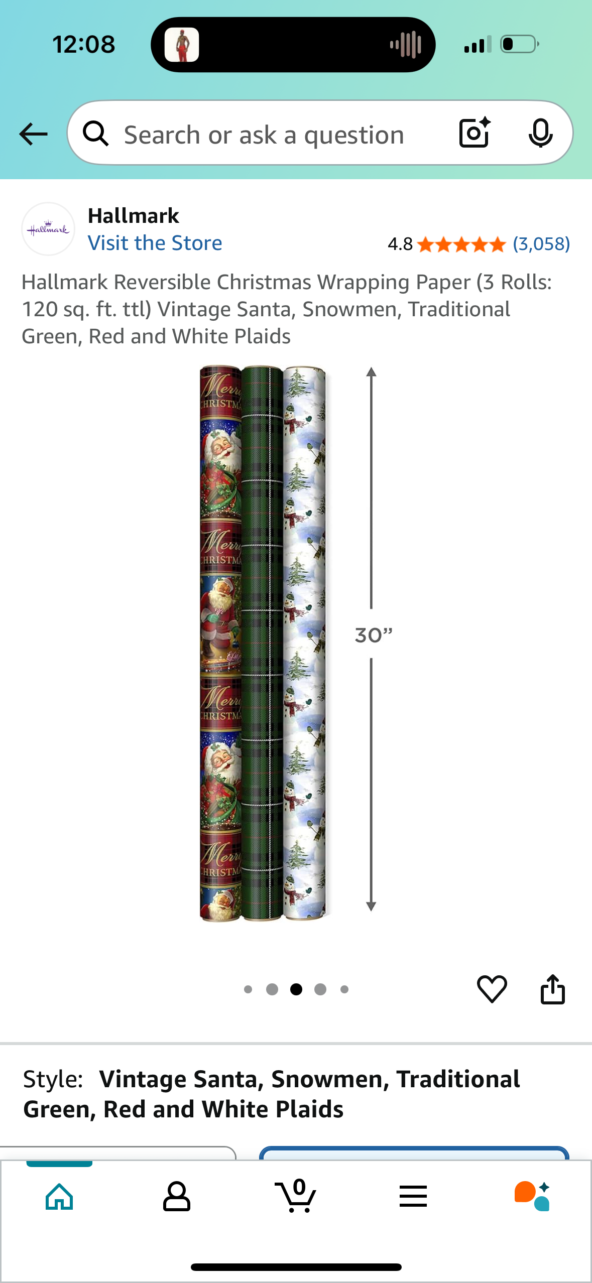 Hallmark Reversible Christmas Wrapping Paper (3 Rolls: 120 sq. ft. ttl) 6 Patterns: Vintage Santa, Snowmen, Traditional Green, Red and White Plaids