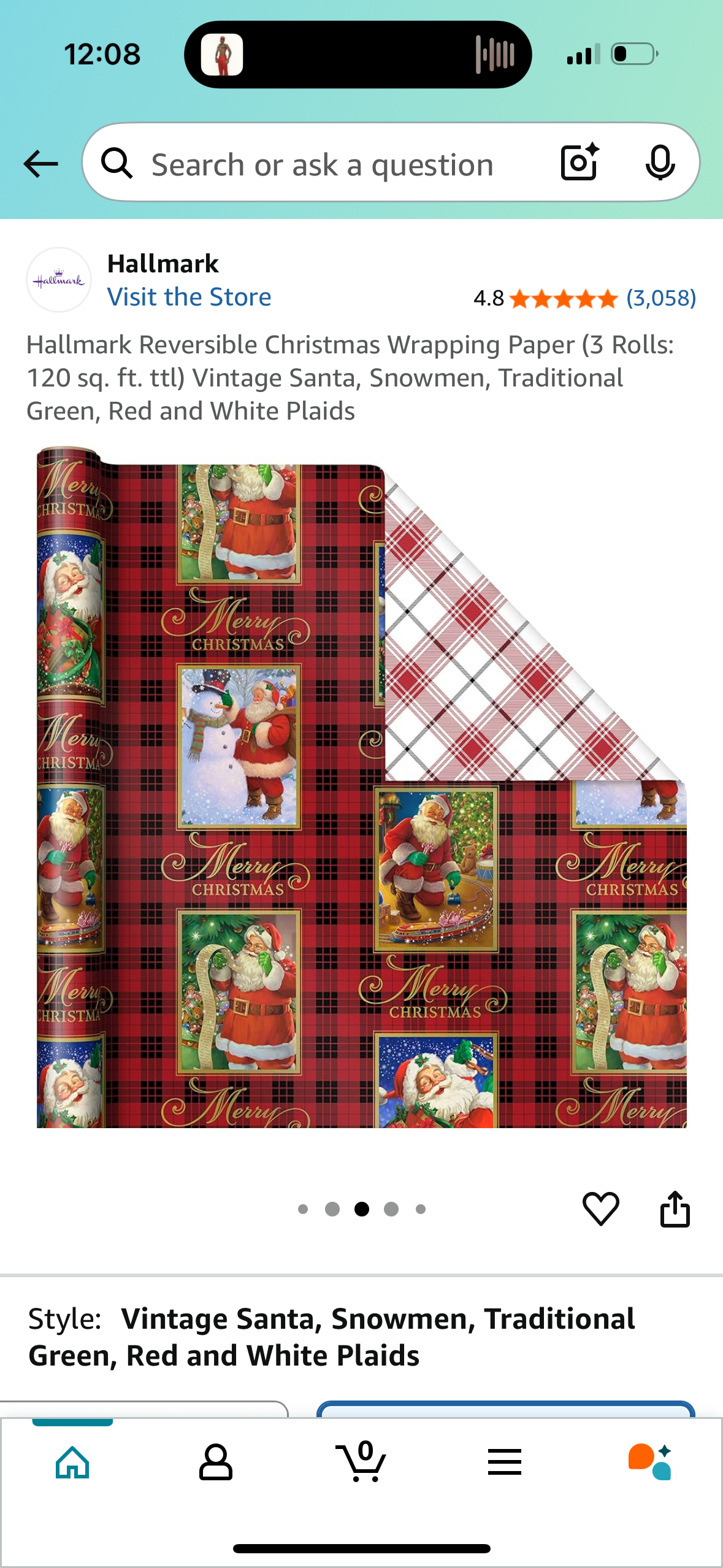 Hallmark Reversible Christmas Wrapping Paper (3 Rolls: 120 sq. ft. ttl) 6 Patterns: Vintage Santa, Snowmen, Traditional Green, Red and White Plaids