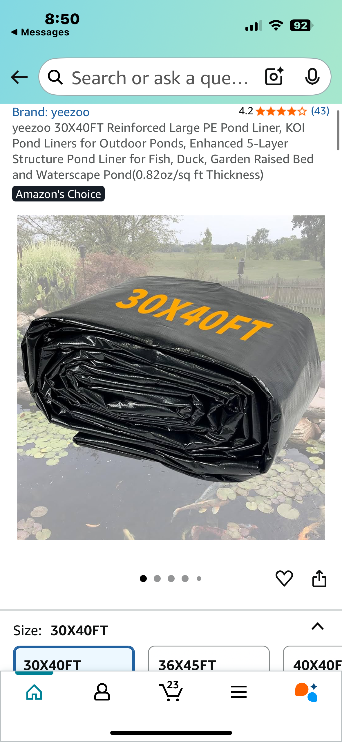 30X40FT Reinforced Large PE Pond Liner, KOI Pond Liners for Outdoor Ponds, Pond Liner for Fish, Duck, Garden Raised Bed, Waterscape Pond(0.82oz/sq ft Thickness) (R639)