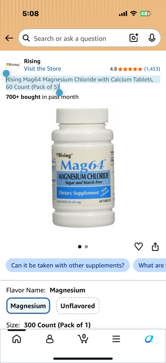 5 pack Rising Mag64 Magnesium Chloride with Calcium Tablets, 60 Count (Pack of 5)
